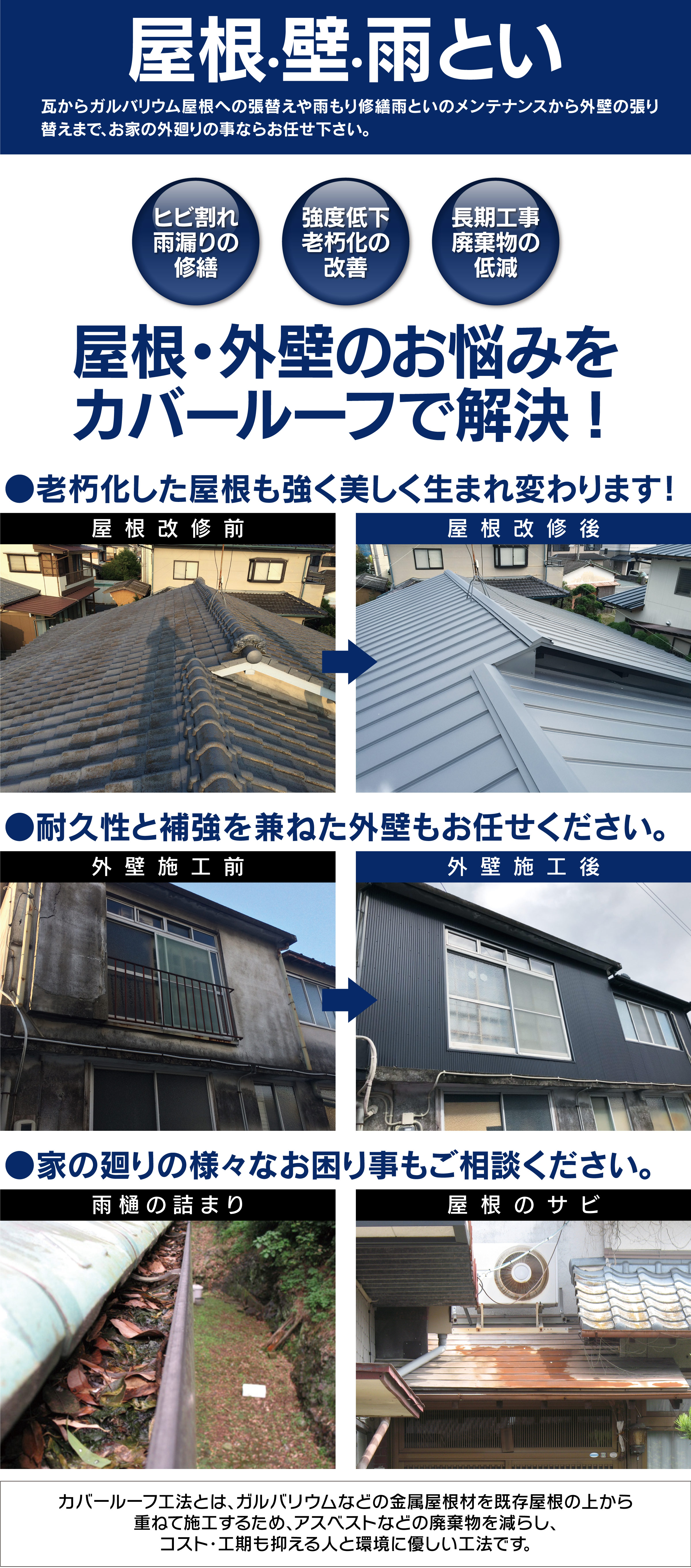 屋根・外壁のお悩みをカバールーフで解決！瓦からガルバリウム屋根への張替えや雨もり修繕雨といのメンテナンスから外壁の張り替えまでお家の外廻りの事ならお任せ下さい。